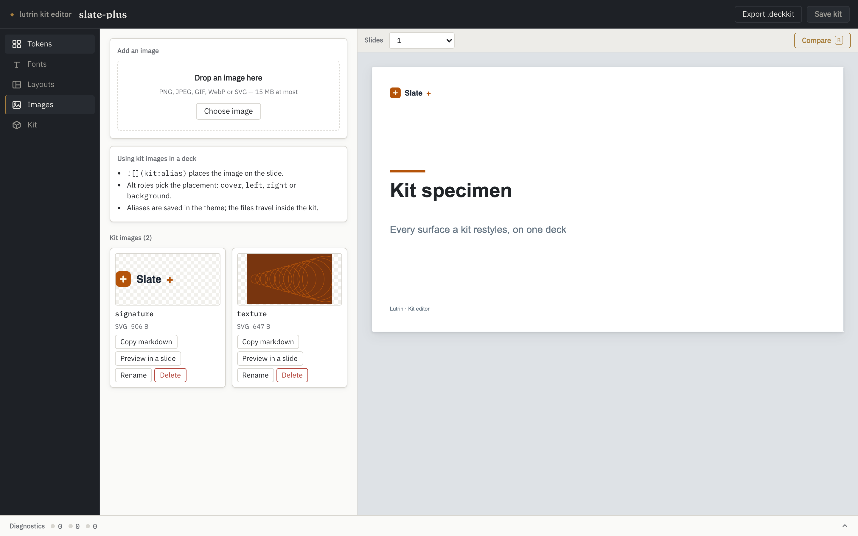 The Images panel: a drop zone, a reminder of the kit: alias syntax, and two image cards named signature and texture, each offering copy markdown, preview in a slide, rename and delete.