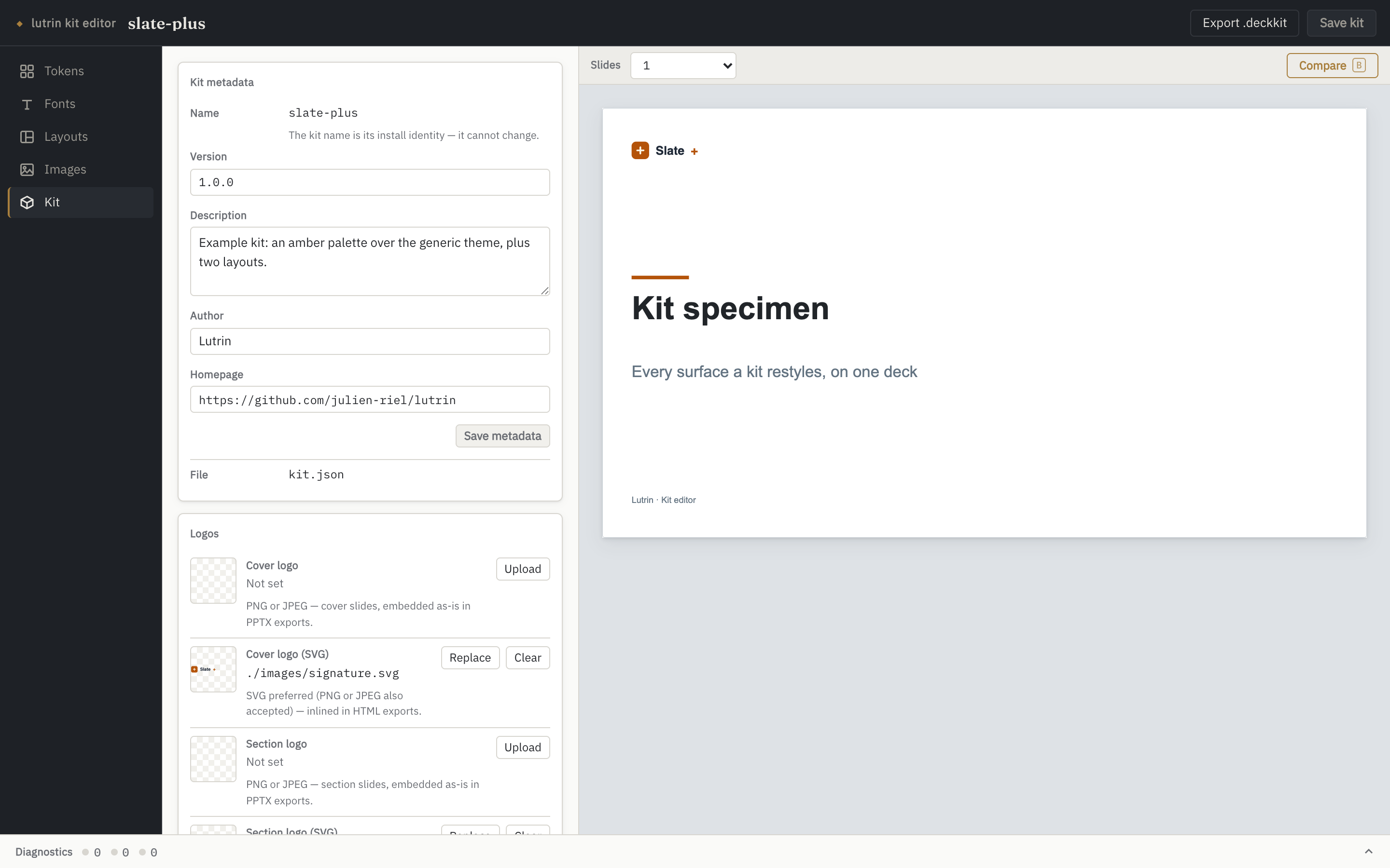 The Kit panel: name locked, version, description, author and homepage fields, then the four logo slots with upload and clear controls.